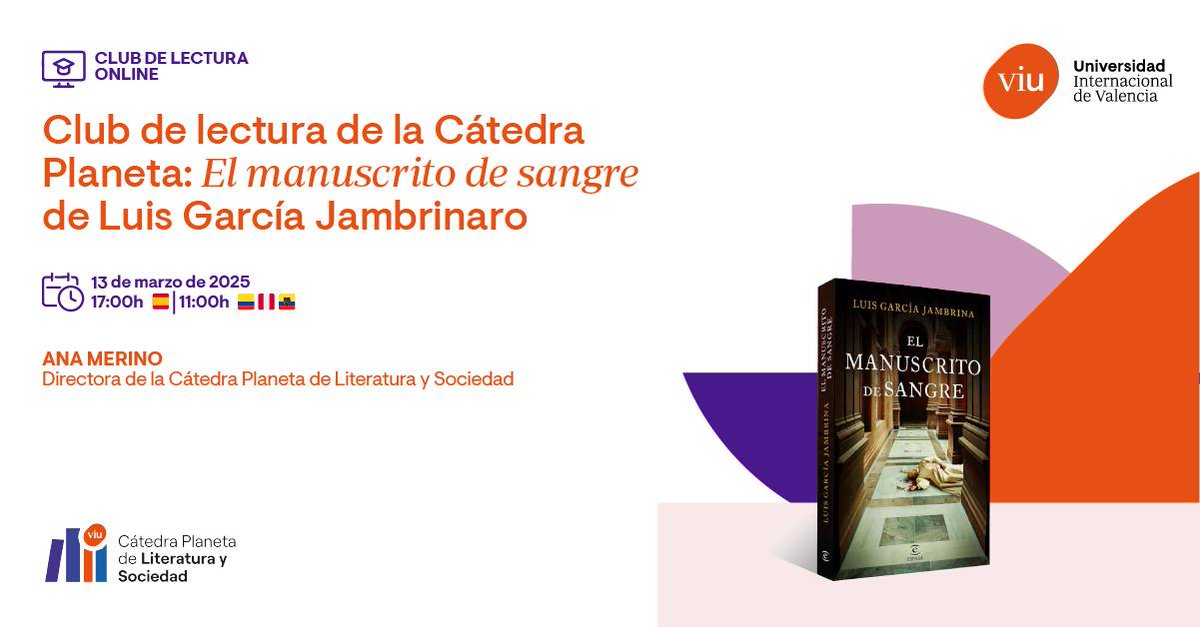 El jueves 13 de marzo a las 17,00 horas (11,00, en otros países) podéis participar en el Club de Lectura online de la Cátedra Planeta de Literatura y Sociedad dirigida por <a href="/AnaMerinoPoeta/">Ana Merino</a>. En este enlace, tenéis toda la información para poder participar:
universidadviu.com/es/actualidad/…