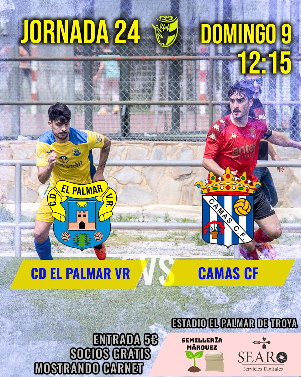 𝕁𝕆ℝℕ𝔸𝔻𝔸 𝕏𝕏𝕀𝕍 ⚽
Recibimos en casa este domingo a un gran equipo y rival directo en la clasificación, por lo que estamos seguro será un partido emocionante de vivir. Te esperamos 💛

🆚 <a href="/CamasCF/">CAMAS C.F. Oficial</a> 
📅 Domingo 9
🕛 12:15
🏟 El Palmar de Troya