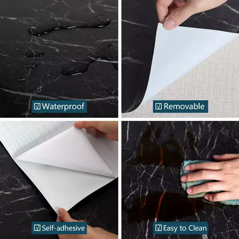 This contact paper is offered in black with white streaks. It is highly effective for transforming the surfaces of various furniture items, including cabinets, coffee tables, drawers, and more.