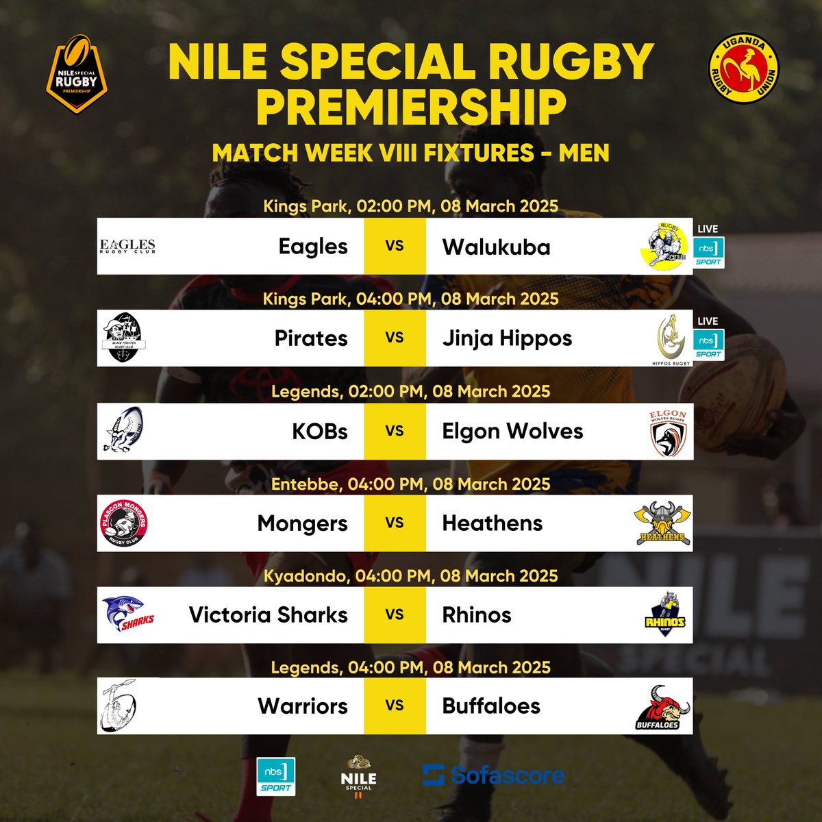 Uganda Rugby Premiership (@rugbypremierug) on Twitter photo First versus second, as <a href="/piratesrugbyUG/">PIRATES RUGBY</a> hosts <a href="/HipposRugby/">Jinja Hippos Rugby Club</a> in a top of the table clash <a href="/Kingsparkarena/">King's Park Arena</a>
#NileSpecialRugby #UgandaRugby #RugbyPremiershipUG #NBSportRugby First versus second, as <a href="/piratesrugbyUG/">PIRATES RUGBY</a> hosts <a href="/HipposRugby/">Jinja Hippos Rugby Club</a> in a top of the table clash <a href="/Kingsparkarena/">King's Park Arena</a>
#NileSpecialRugby #UgandaRugby #RugbyPremiershipUG #NBSportRugby