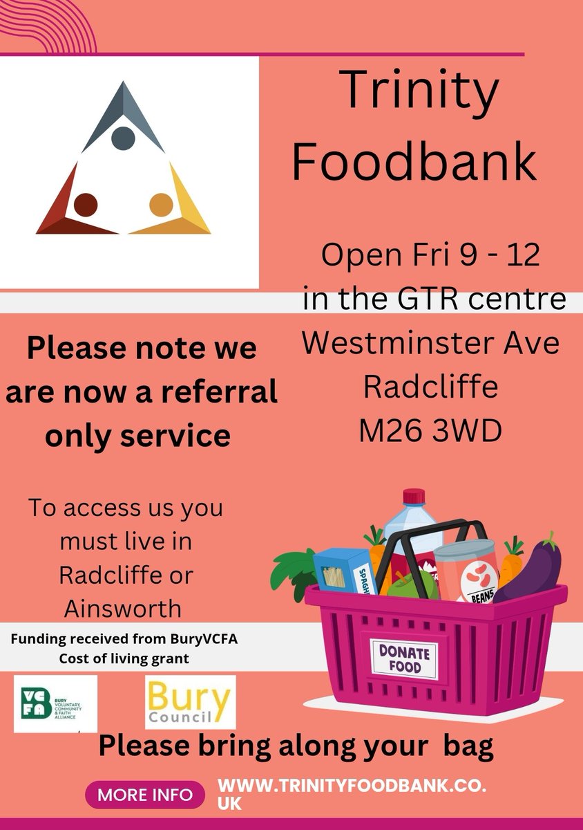 Trinity Foodbank Radcliffe (@trinityfbank) on Twitter photo We are open tomorrow for referrals only <a href="/BuryCouncil/">Bury Council</a> <a href="/BuryVCFA/">BuryVCFA</a> <a href="/Bury_GPFed/">BuryGPFed</a> <a href="/StarRadcliffe/">Star Radcliffe Academy</a> We are open tomorrow for referrals only <a href="/BuryCouncil/">Bury Council</a> <a href="/BuryVCFA/">BuryVCFA</a> <a href="/Bury_GPFed/">BuryGPFed</a> <a href="/StarRadcliffe/">Star Radcliffe Academy</a>