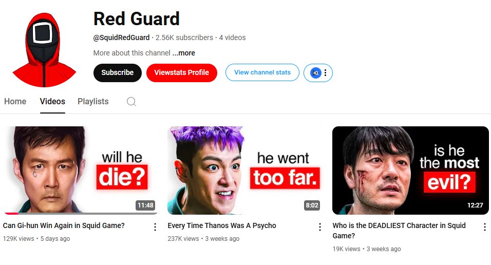 Faceless YouTube Channel Made over $1.5k in the first 28 days:

Squid Games Niche 🦑

4 videos / month
391,000 views a month (so far)
~ $4 rpm (earnings per 1k views)
Has the opportunity to branch out to other shows that are similar. 😎
