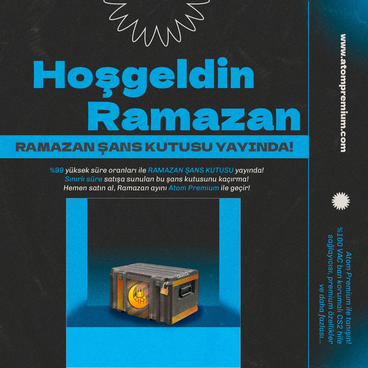 🌙 HOŞGELDİN RAMAZAN! ✨

RAMAZAN ŞANS KUTUSU SATIŞTA! 🎁

%99 yüksek süre oranları ile bu fırsatı kaçırma! Hemen al ve Ramazan ayını Atom Premium ile yaşa! 🚀

Atom Premium ile tanış! 💻🔒
%100 VAC ban korumalı CS2 hile ve premium özellikler seni bekliyor… 🌟

#cs2hile #cs2