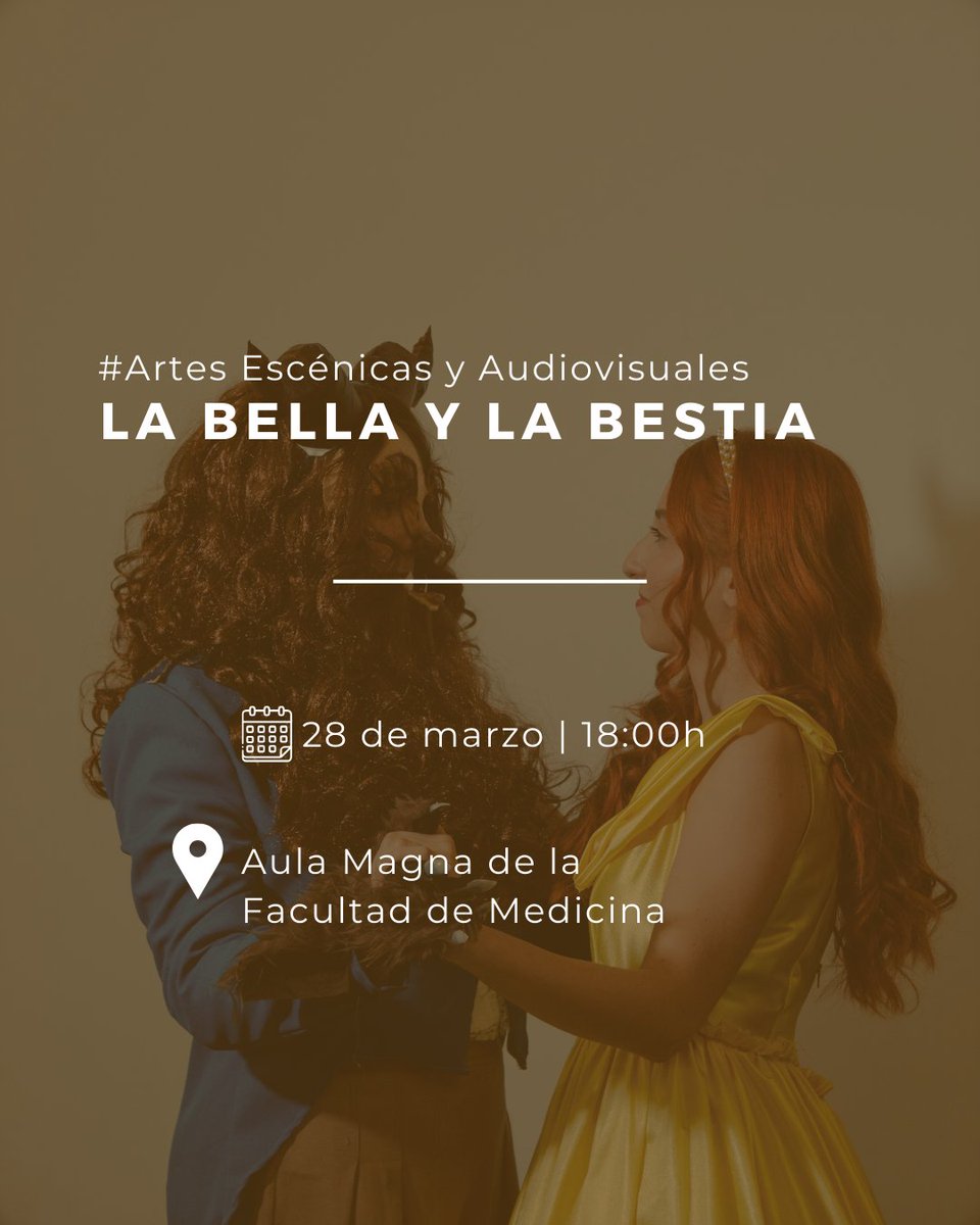 🎭✨ ¡No te pierdas la adaptación de La Bella y la Bestia por el Grupo de Teatro de la Facultad de Medicina! Con vestuario hecho a mano y música en vivo, vive una historia de amor sin apariencias. 📅 28 de marzo, 18:00 h. Entrada libre.

Más info cultura.uah.es/es/evento/La-B… 🔗