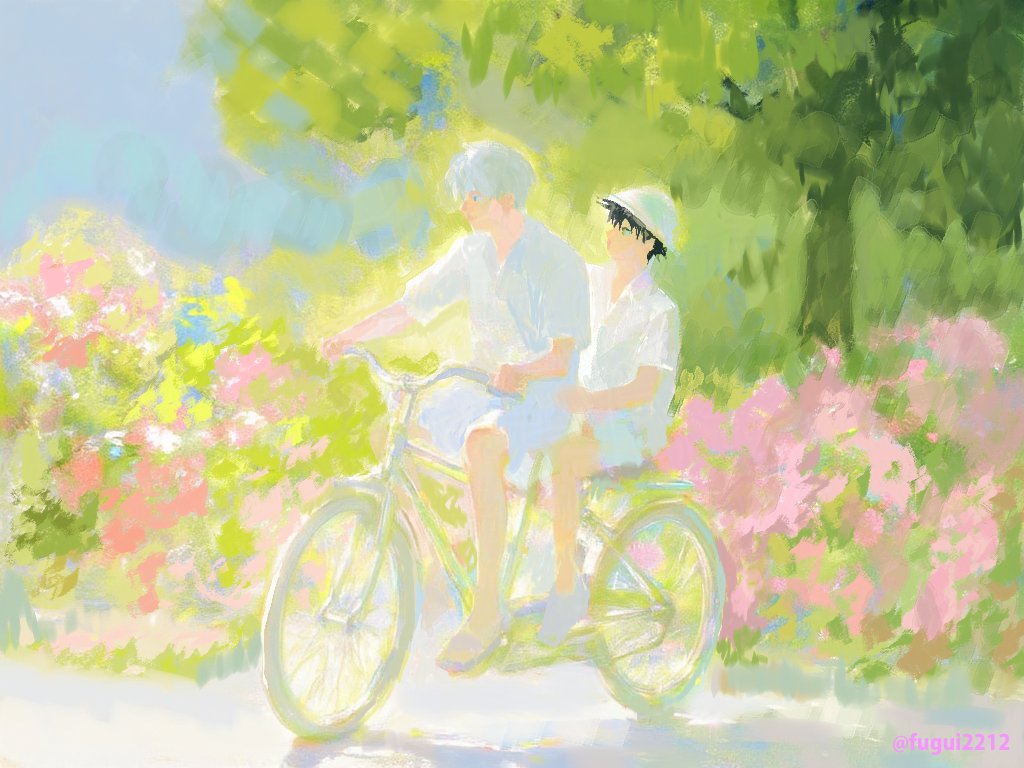 fugui2212's tweet image. [#gofushi] 🌸🌸Bougainvillea spectabilis 🌸🌸
The pink bougainvillea like soft lips meeting,
Touching each other in the dim light,
The rosy cheeks of two young men,
The bicycle wheel spins, gears interlock in harmony.
#五伏 #呪術廻戦 #GojoSatoru #fushiguromegumi