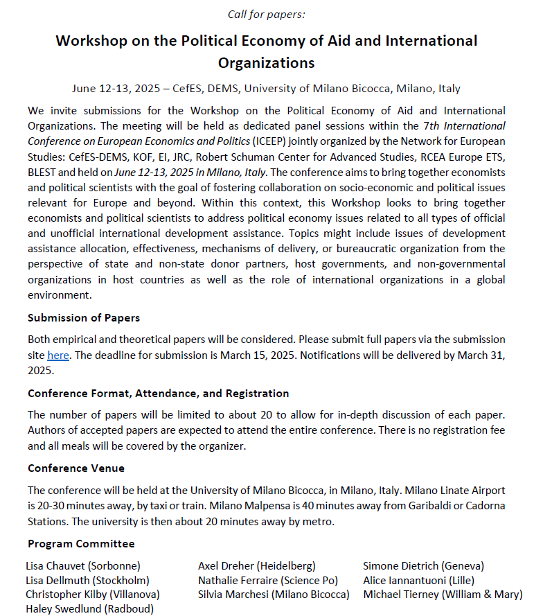 Silvia Marchesi (@silviamarches12) on Twitter photo 📢Excited to announce #PEAIO25 June 12-13 in Milano. Hosted by
<a href="/CefesCenter/">CefES Research Center</a>, <a href="/unimib/">Università degli Studi di Milano-Bicocca</a>
No conference or registration fee Please submit full papers here📷app.oxfordabstracts.com/stages/76941/s… Deadline for submission: March 15, 2025 Notifications by March 31, 2025 Please circulate widely! 📢Excited to announce #PEAIO25 June 12-13 in Milano. Hosted by
<a href="/CefesCenter/">CefES Research Center</a>, <a href="/unimib/">Università degli Studi di Milano-Bicocca</a>
No conference or registration fee Please submit full papers here📷app.oxfordabstracts.com/stages/76941/s… Deadline for submission: March 15, 2025 Notifications by March 31, 2025 Please circulate widely!