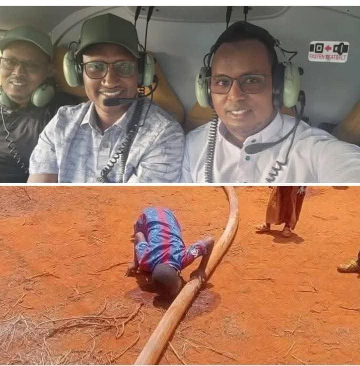 What a contrast, 3 ward reps from ⁦⁦<a href="/Mandera_cgvt/">Mandera County Government</a>⁩ taking selfie in a helicopter hovering above 7 year old boy desperately quenching his thirst with drips of water from a tube. Wards are tiny areas, one can criss cross by foot. Maybe ground is hostile for them to walk.
