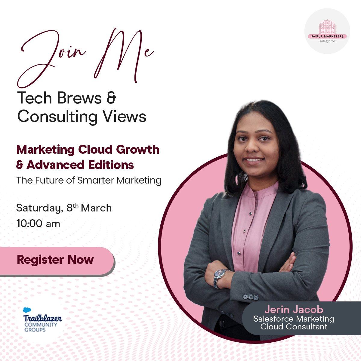 Meet Our Next Speaker for Tech Brews &amp; Consulting Views! 🎤

We’re excited to have Jerin joining us this Saturday to dive into Marketing Cloud Growth &amp; Advanced Editions!

🎟 RSVP now—don’t miss out! 👉 lnkd.in/gFreantq
