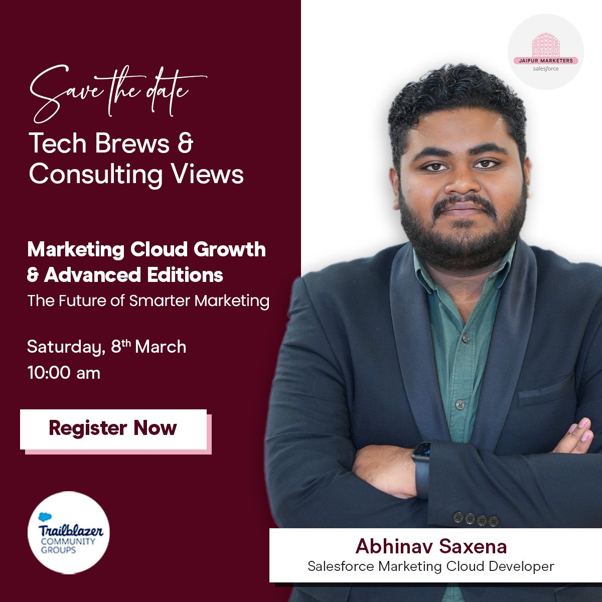 Meet Our First Speaker for the upcoming Tech Brews &amp; Consulting Views session! 🎤

We’re excited to have Abhinav Saxena kicking off our session on Marketing Cloud Growth &amp; Advanced Editions this Saturday!

🎟 RSVP now—don’t miss out! 👉 lnkd.in/gFreantq