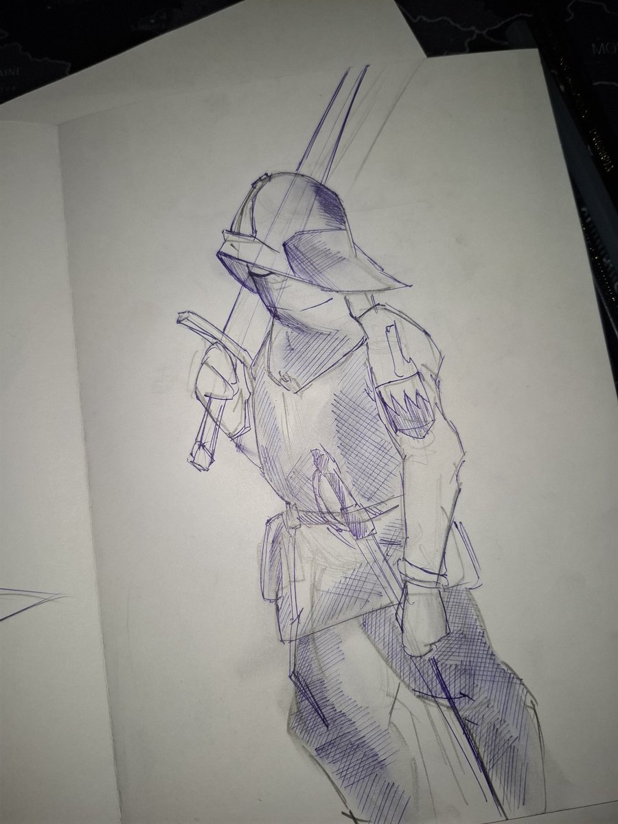 Gihoti23's tweet photo. A mysterious knight, ready for battle. Is he a protector or a ruthless bounty hunter? Only the steel of his blade knows the answer #art #drawing #sketch #knight #medieval #warrior #armor #ballpointpen #traditionalart #illustration #darkfantasy #handdrawn #inkdrawing #sword #epic https://t.co/LVkmT9GEnx