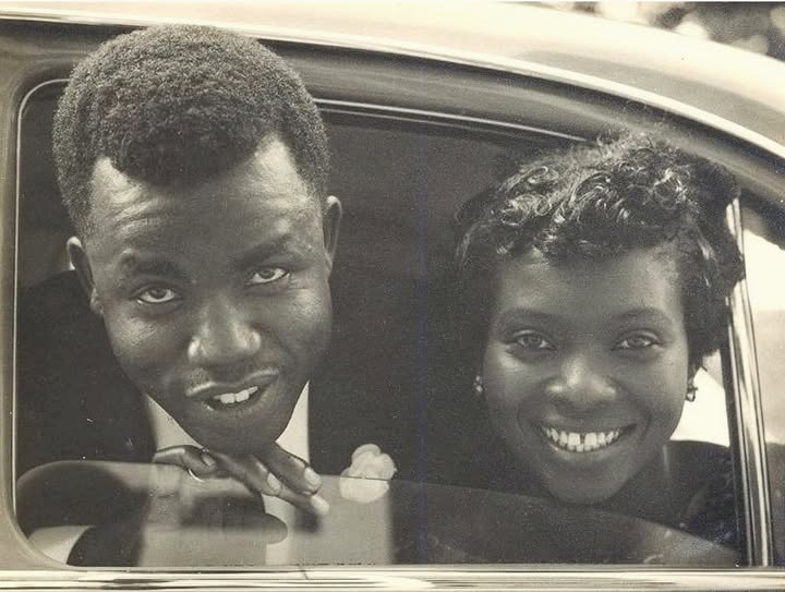multimeverse's tweet image. A rare photo of Chinua Achebe and his wife Christie Achebe on their wedding day in 1961.