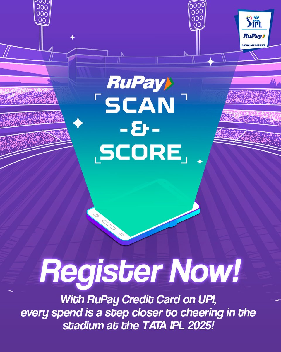 RuPay_npci's tweet photo. #ContestAlert - Spend, Score, and Win Big!🏏

Be the top spender in the city of your choice and win the ultimate prize—LIVE TATA IPL tickets! 🎟️💥
Register now and get closer to the stadium roar! 🏟️

Visit https://t.co/uCgjy9CBXU

*T&C Apply

#RuPay #TATAIPL #ScanAndScore #IPLTickets #TATAIPL2025