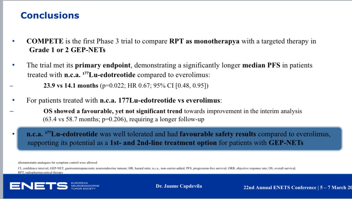 Much awaited results of COMPETE presented by <a href="/Ja_Capdevila/">Jaume Capdevila</a> at <a href="/ENETS_ORG/">ENETS</a> #ENETS2024. The primary endpoint, PFS, was better than the comparison, everolimus. Mostly G2 and second-line therapy. Highly clinically relevant and significant.