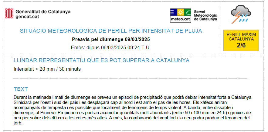 meteocat's tweet photo. ⚠️ El Servei Meteorològic de Catalunya ha actualitzat el preavís de situació meteorològica de perill (#avisosSMP) per intensitat de pluja ⚠️ https://t.co/Unez1Gv0iT