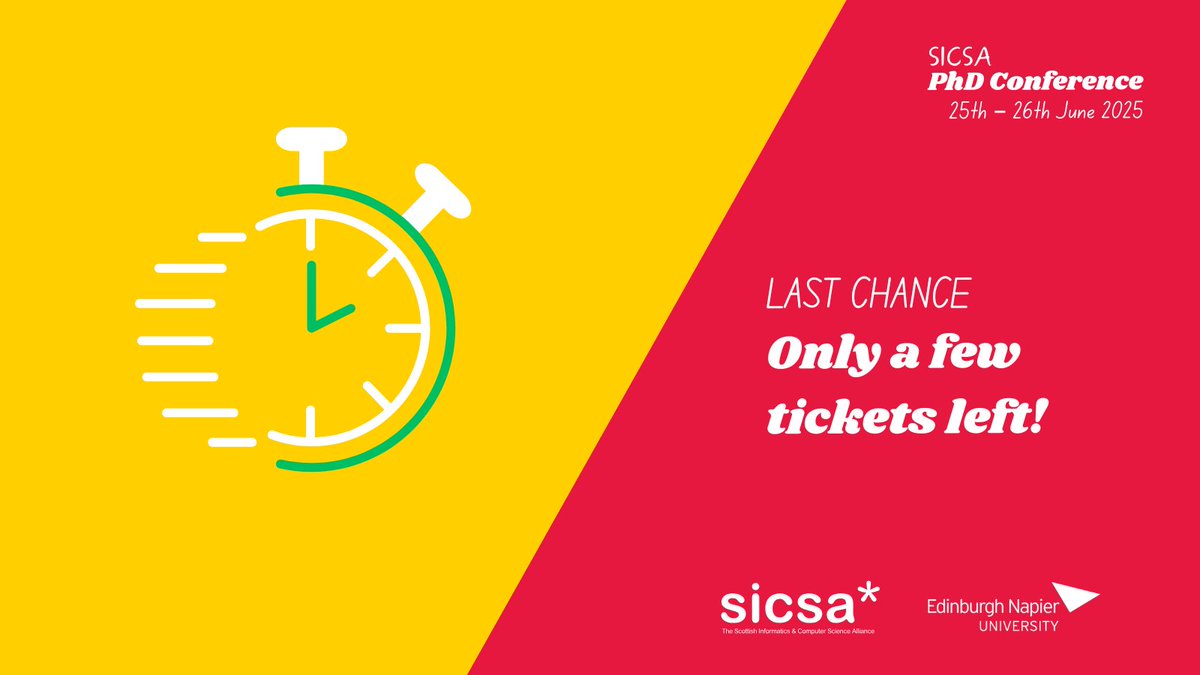 SICSA Scotland (@sicsa_scotland) on Twitter photo ā³ Last few tickets left!
TheĀ SICSA PhD Conference 2025Ā is nearly fullādonāt miss your chance to join us onĀ 25ā26 June at <a href="/EdinburghNapier/">Edinburgh Napier University</a> for keynotes, workshops, and networking.
Sign up before itās too late!Ā sicsaconf.org/register/ šāØ ā³ Last few tickets left!
TheĀ SICSA PhD Conference 2025Ā is nearly fullādonāt miss your chance to join us onĀ 25ā26 June at <a href="/EdinburghNapier/">Edinburgh Napier University</a> for keynotes, workshops, and networking.
Sign up before itās too late!Ā sicsaconf.org/register/ šāØ