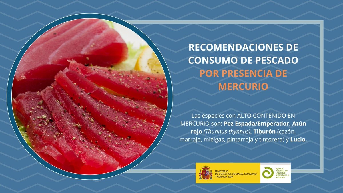 📢 La <a href="/AESAN_gob_es/">AESAN</a> recomienda comer entre 3-4 raciones de 🐟 pescado a la semana, procurando variar las especies entre pescados blancos y azules. Evita❌el consumo de especies con alto contenido en mercurio si estás embarazada 🤰, planeas estarlo, estás en periodo de lactancia o