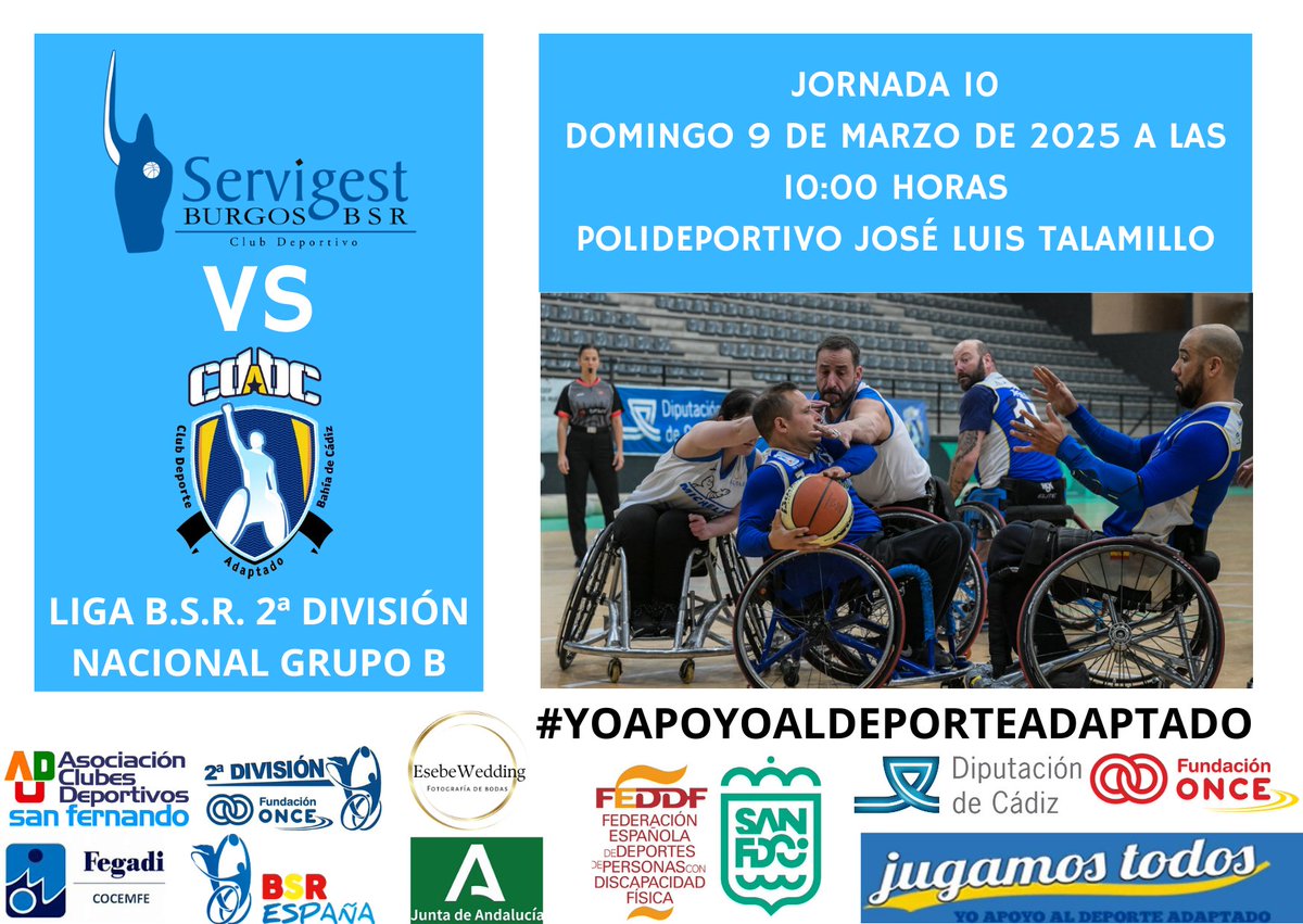 D.A. Bahía de Cádiz (@dabcadiz) on Twitter photo PREVIA DÉCIMA JORNADA: <a href="/CidBSR/">Servigest Burgos BSR</a> Vs <a href="/DABCadiz/">D.A. Bahía de Cádiz</a>
📅Domingo 9 de marzo
⏰10:00 horas
🏟️Pabellón José Luis Talamillo de Burgos
…orteadaptadobahiadecadiz.blogspot.com/2025/03/previa…
@AytoSanFernando <a href="/diputacioncadiz/">Diputación de Cádiz</a> <a href="/AndaluciaJunta/">Junta de Andalucía</a> <a href="/FEGADI/">FEGADI Cocemfe</a> <a href="/FEDEDDF/">FEDDF</a> <a href="/BsrEspana/">BSREspaña</a> <a href="/FADDF_/">FADDF</a> PREVIA DÉCIMA JORNADA: <a href="/CidBSR/">Servigest Burgos BSR</a> Vs <a href="/DABCadiz/">D.A. Bahía de Cádiz</a>
📅Domingo 9 de marzo
⏰10:00 horas
🏟️Pabellón José Luis Talamillo de Burgos
…orteadaptadobahiadecadiz.blogspot.com/2025/03/previa…
@AytoSanFernando <a href="/diputacioncadiz/">Diputación de Cádiz</a> <a href="/AndaluciaJunta/">Junta de Andalucía</a> <a href="/FEGADI/">FEGADI Cocemfe</a> <a href="/FEDEDDF/">FEDDF</a> <a href="/BsrEspana/">BSREspaña</a> <a href="/FADDF_/">FADDF</a>