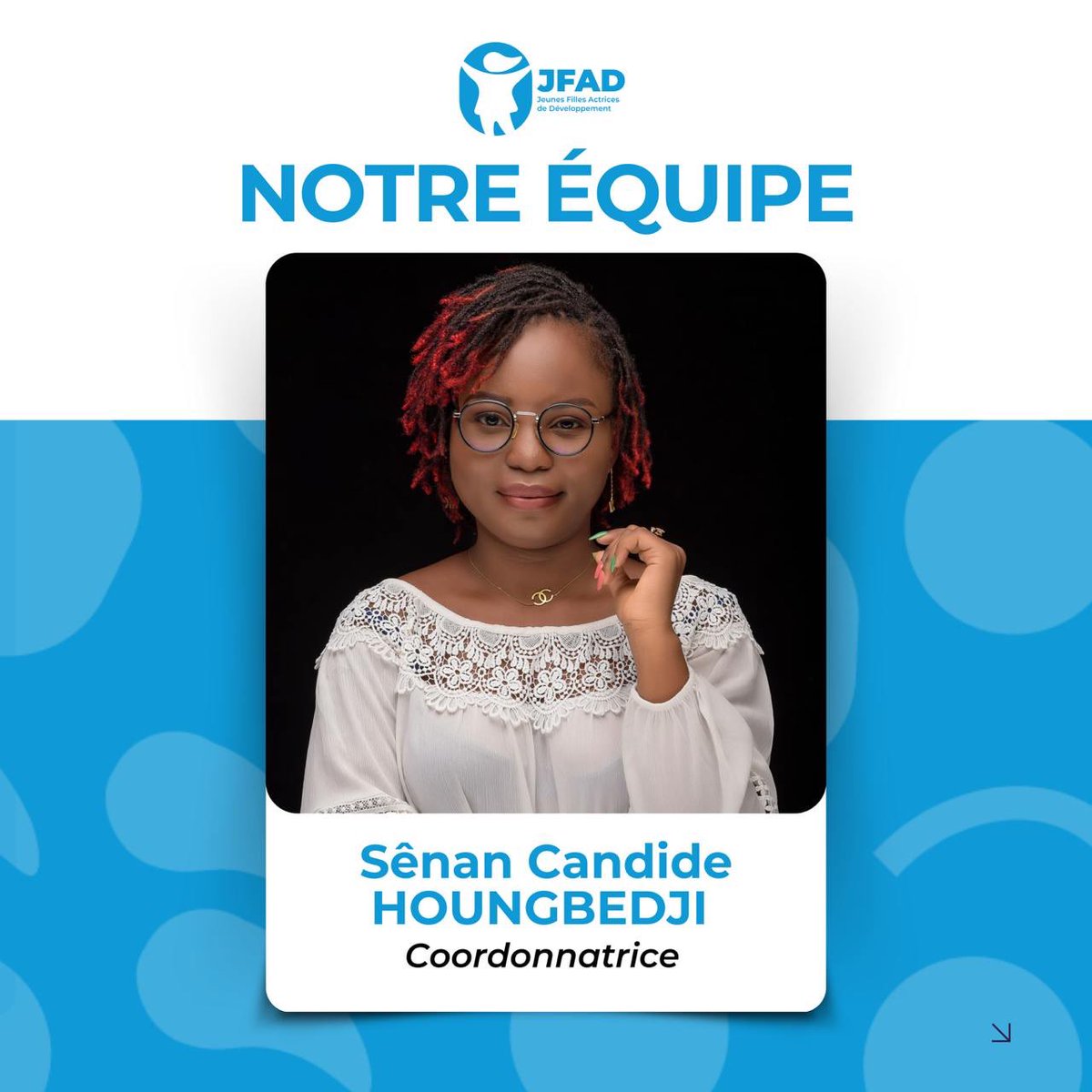 Jfad_Ong's tweet photo. Sênan Candide HOUNGBEDJI – Coordonnatrice
Diplômée en gestion des ressources humaines, Candide est une activiste engagée pour les droits humains. Elle travaille sur les questions liées à l’éducation inclusive, l’égalité de genre et la justice climatique.
#TeamJFAD #JFAD
⤵️ https://t.co/2uI9N3xukZ