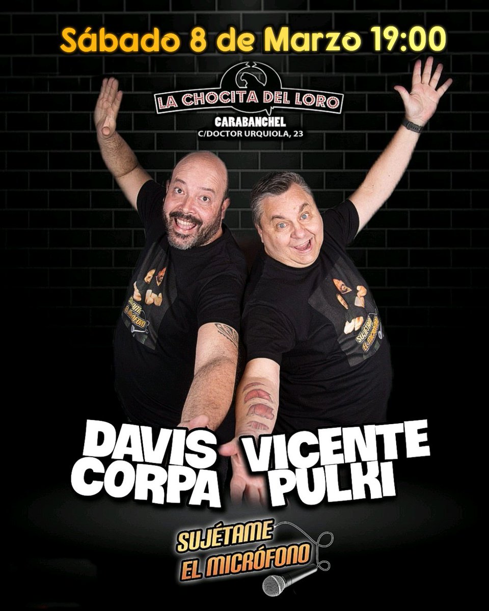 Davis Corpa (@daviscorpa) on Twitter photo 🎤🦜Este sábado 8 de Marzo a las 19:00 disfruta del mejor humor en la <a href="/chocitadelloro/">La Chocita del Loro</a> de Carabanchel con #daviscorpa y #vicentepulki en el show más divertido #sujetameelmicrofono 👉🏻😎😎👈🏻 #risas #monologos #duocomico #ociomadrid
atrapalo.com/entradas/monol… 🎤🦜Este sábado 8 de Marzo a las 19:00 disfruta del mejor humor en la <a href="/chocitadelloro/">La Chocita del Loro</a> de Carabanchel con #daviscorpa y #vicentepulki en el show más divertido #sujetameelmicrofono 👉🏻😎😎👈🏻 #risas #monologos #duocomico #ociomadrid
atrapalo.com/entradas/monol…
