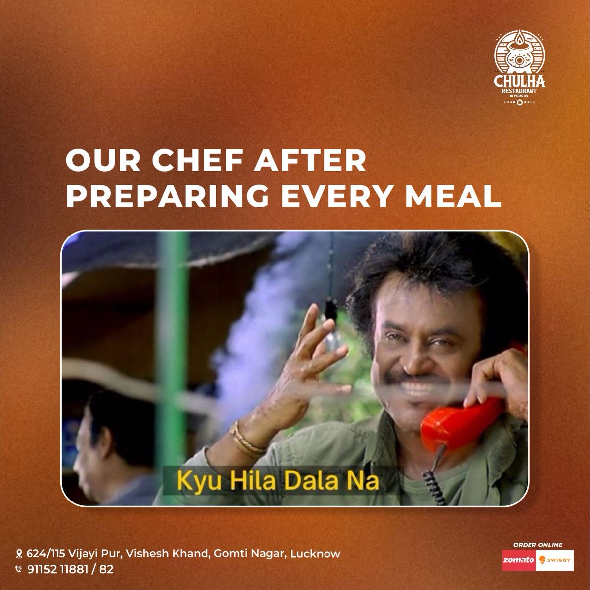 ChulhaLucknow's tweet photo. Our chef after preparing every meal... 🔥👨‍🍳💥

KYU HILA DALA NA? 😎🍛😆

📍 Gomti Nagar, Lucknow
📞 Call Now: +91 9115211881 / 82

#RajnikantStyle #ChulhaMagic #FlavorsThatHit #LucknowEats #ChulhaRestaurant #bestrestaurantinlucknow #Lucknow https://t.co/8r7FYGoq0x