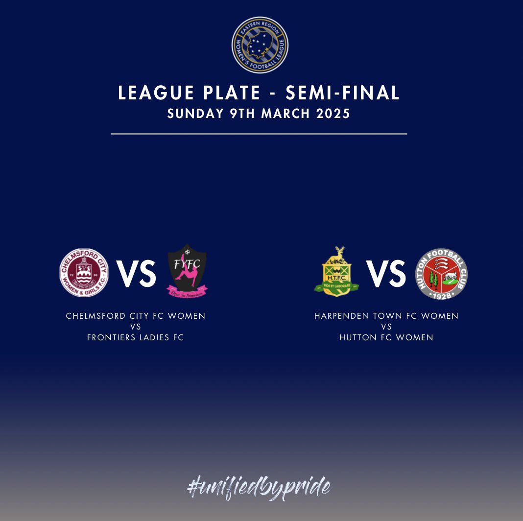 Eastern Region Women's Football League (@erwfle) on Twitter photo ๐๐๐ผ๐๐๐ ๐๐๐ผ๐๐ ๐ผ๐พ๐๐๐๐
<a href="/ClaretsWomen/">Chelmsford City Women FC</a> will host <a href="/frontiersladies/">FRONTIERS LADIES FC</a> and <a href="/harpenden_twfc/">Harpenden Town Women FC (C) ๐</a> will host <a href="/HuttonFCLadies/">Hutton FC Ladies</a> in the League Plate semi-finals this weekend!
Games will go to EXTRA TIME and then penalties if required
#UnifiedByPride ๐๐๐ผ๐๐๐ ๐๐๐ผ๐๐ ๐ผ๐พ๐๐๐๐
<a href="/ClaretsWomen/">Chelmsford City Women FC</a> will host <a href="/frontiersladies/">FRONTIERS LADIES FC</a> and <a href="/harpenden_twfc/">Harpenden Town Women FC (C) ๐</a> will host <a href="/HuttonFCLadies/">Hutton FC Ladies</a> in the League Plate semi-finals this weekend!
Games will go to EXTRA TIME and then penalties if required
#UnifiedByPride