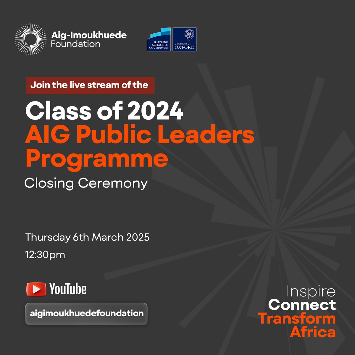 AigFoundation's tweet image. Today, we celebrate the culmination of an extraordinary six-month journey of leadership, growth, and transformation.​

Be part of this occasion by tuning in live on YouTube:​
youtube.com/live/fZecrKO4X…​
​
#AIGPublicLeadersProgramme #ClosingCeremony #LeadershipForImpact #Cohort4