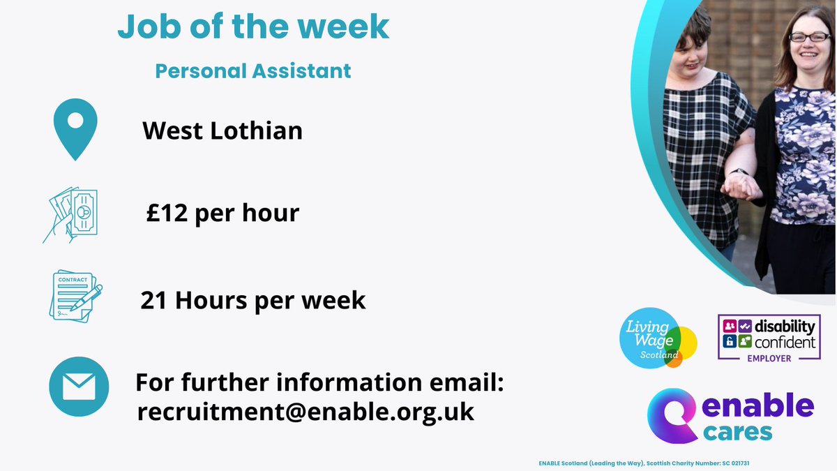 JOB OF THE WEEK 

Personal Assistant for Harley and Amanda in West Lothian

Click the link to Apply Now!

enable.org.uk/jobs/vacancies…