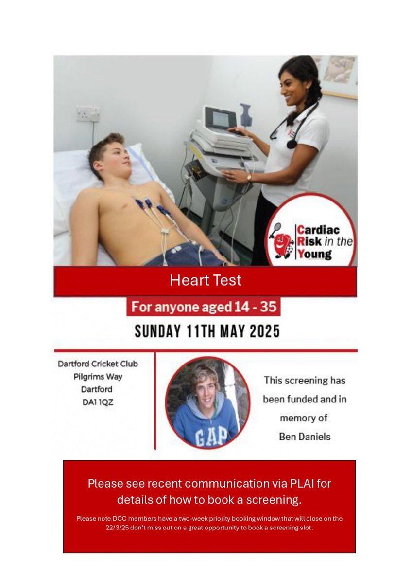 On Sunday, 11th May 2025, we will have our CRY screening day at Dartford Cricket Club.

Please check recent communications via PLAI for details on how to book a screening!
