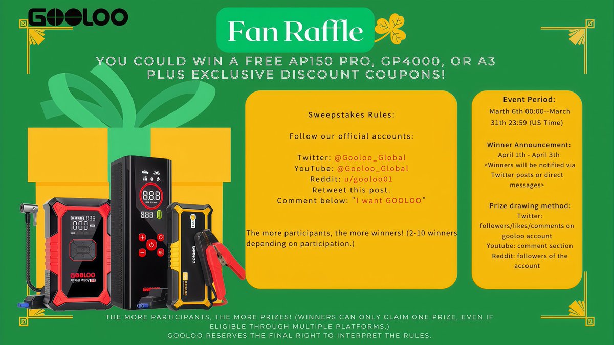 Gooloo_Global's tweet photo. ☘️St.Patrick's Day GOOLOO brand is giving away a benefit to their fans!

Follow the new official account to retweet and comment!👇
Twitter: @Gooloo_Global @Gooloo_US
Youtube: Gooloo_Global
Reddit: gooloo01

Come and join us🎁
#PatrickDay #free #gift #discount #Sweepstakes https://t.co/04COhcutSv