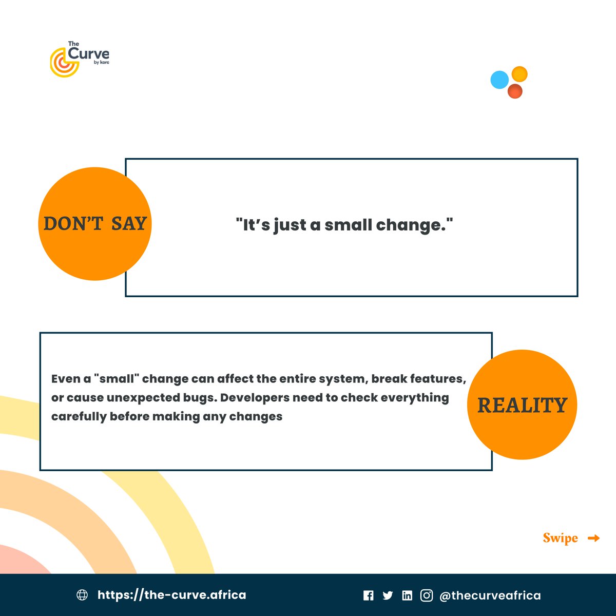 thecurveafrica's tweet image. These words can be frustrating because they undermine the time, effort, and skill that go into coding. 

Let’s change the way we talk to developers by respecting their work, giving them time, and understanding the process.

#developerlife #codingstruggles #respectdevelopers
