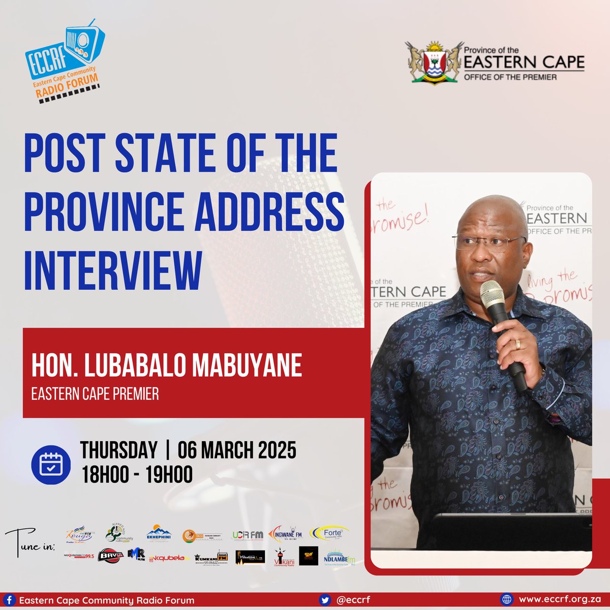Don’t miss Post State of the Province Address Interview today with Hon. Premier Oscar Lubabalo Mabuyane. 

Stay tuned in on your community radio stations 📻