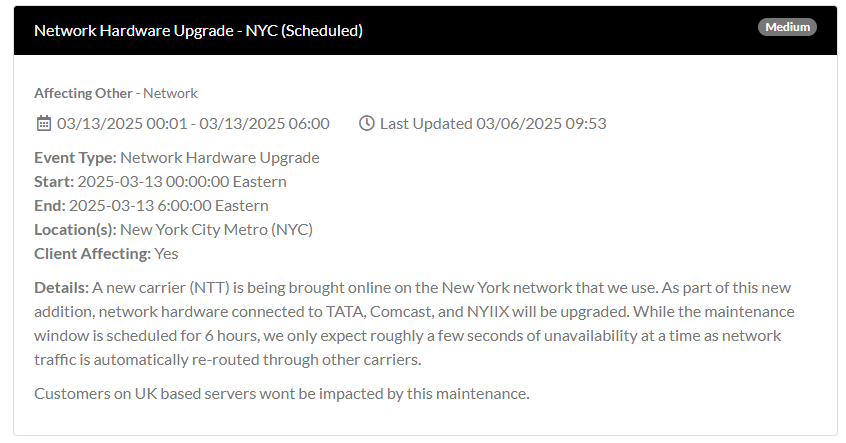 D9Hosting's tweet photo. The datacenter that we use in NYC will be performing network maintenance on the 13th March between midnight and 6am EST. Small periods of unavailability may be experienced whilst traffic is routed through different carriers. https://t.co/BOUZOvc6H7