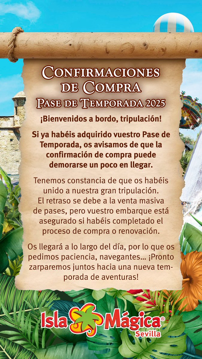Aviso sobre las confirmaciones de compra del Pase de Temporada. Si has finalizado el proceso correctamente, el envío de la documentación y la confirmación de compra puede demorarse.