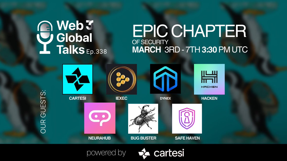 📻 #GM - Are you ready for Thursday's Web3 Global Talks?                                                  

🎙️ Our Guests:
<a href="/cartesiproject/">Cartesi</a>, <a href="/iEx_ec/">iExec RLC</a>, <a href="/dynexcoin/">Dynex</a>, <a href="/hackenclub/">Hacken🇺🇦</a>, <a href="/theneurahub/">neurahub</a>, <a href="/BugBusterApp/">Bug Buster 🪲</a>, <a href="/SafeHavenio/">Safe Haven (SHA)</a> 

x.com/i/spaces/1rmGP…