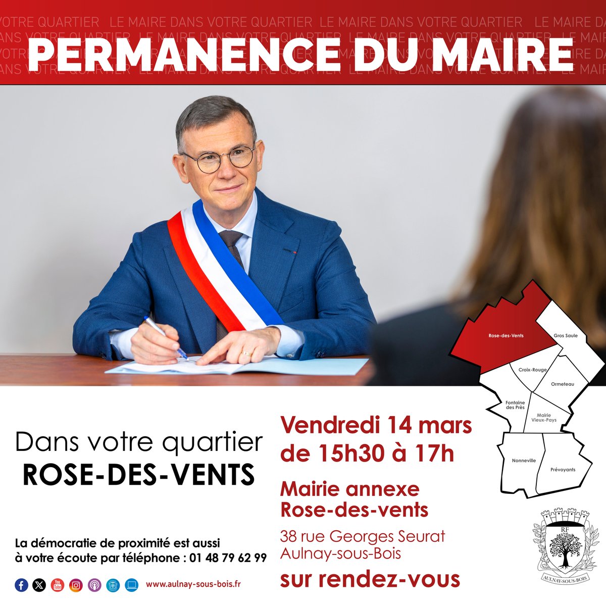 [PERMANENCE] 📆Le Maire <a href="/brunobeschizza/">Bruno Beschizza</a> vous reçoit sur RDV dans le quartier Rose-des-vents !

📍Prochaine permanence vendredi 14 mars 2025 de 15h30 à 17h00 à la mairie annexe Rose-des-Vents.

📞 RDV au 01 48 79 62 99
