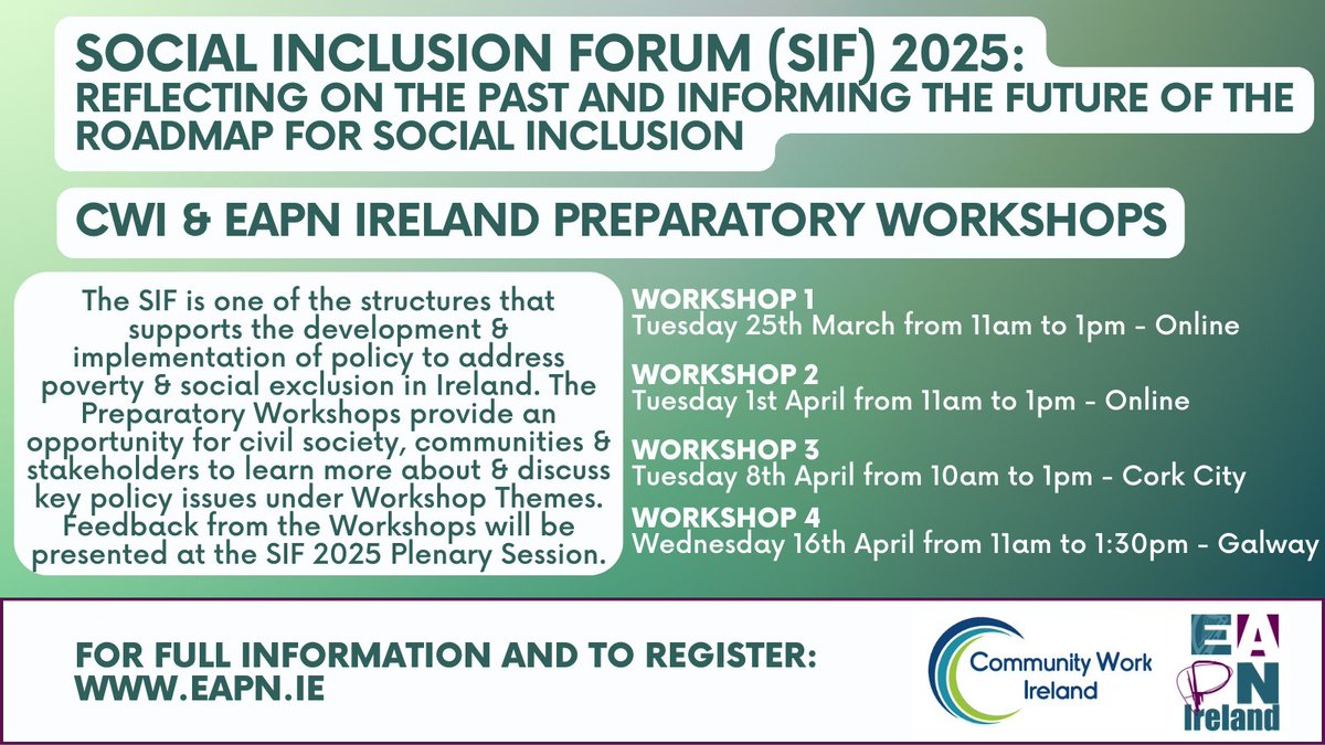 Social Inclusion Forum 2025 will take place on the 8th May in Croke Park. In advance of the Forum <a href="/EAPNIreland/">EAPN Ireland</a> and <a href="/CommWorkIreland/">CommunityWorkIreland</a> are holding Preparatory Workshops. For more information and to register see bit.ly/41K8vpd  #SIF2025  #EndPoverty