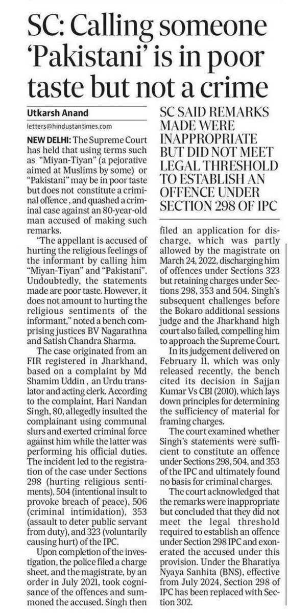 _upsc_focus's tweet photo. SC: Calling someone Pakistani is in the poor taste but not a crime
Details
#Interview #Polity #Section298 #IPC #Section323 , 353, 504 & 506 of IPC #UPSC
Source: HT https://t.co/8uiZNvTgnJ