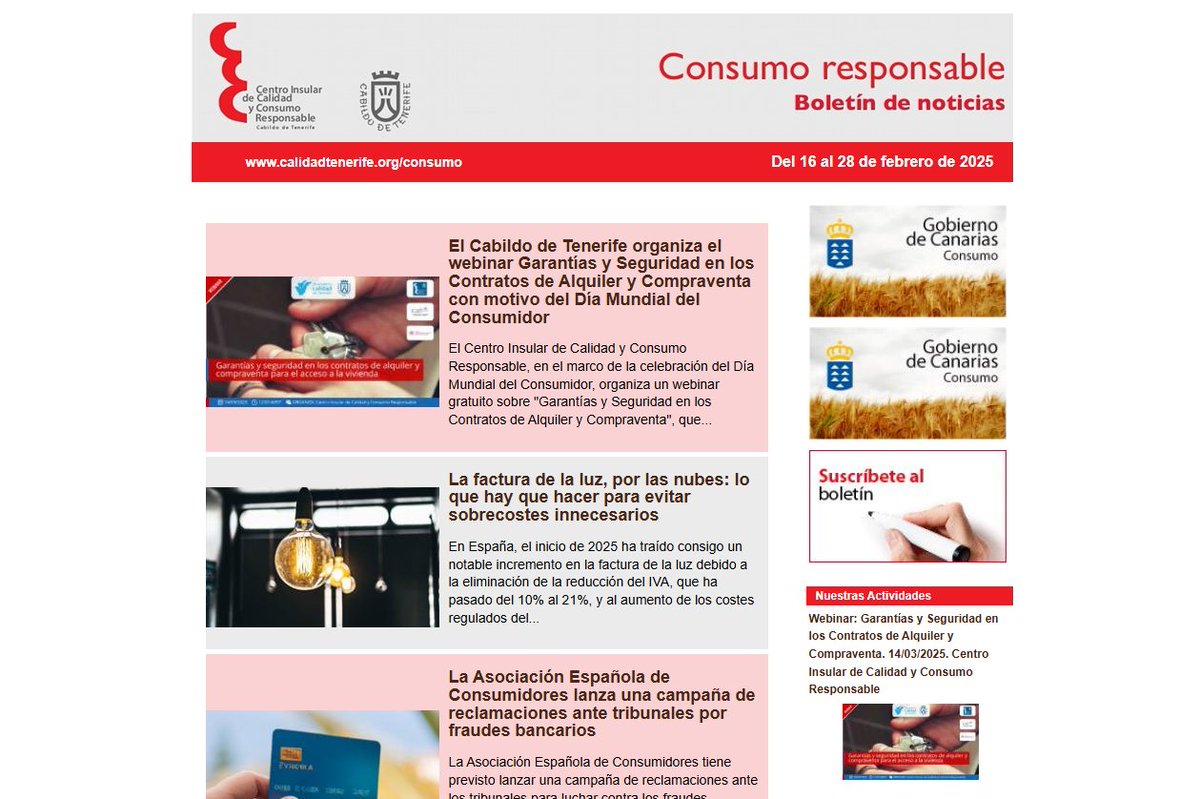 📢 ¡Nuevo #Boletín de #Consumo disponible

🏡 Webinar sobre garantías y seguridad en contratos de alquiler y compraventa en el Día Mundial del Consumidor.

⚖️ Consumo sanciona a agencias de pisos turísticos por prácticas engañosas.

🔗 Consulta aquí: calidadtenerife.org/consumo