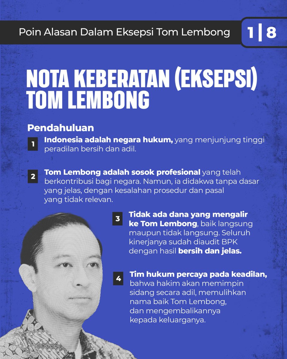 NOTA KEBERATAN (EKSEPSI) TOM LEMBONG

A Thread!

1/8. Point Alasan Dalam Eksepsi Tom Lembong