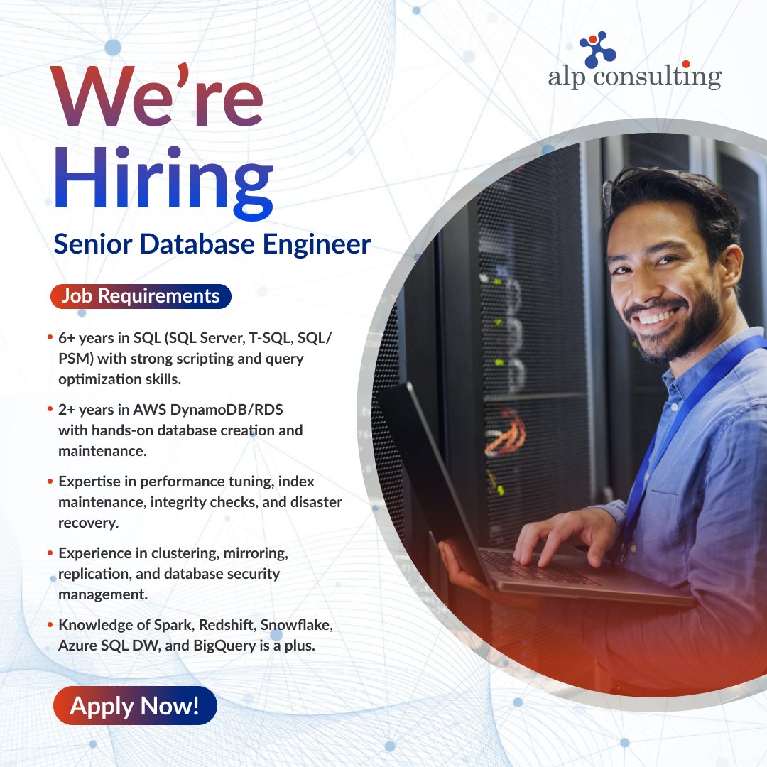Alp_Corporate's tweet image. We’re Hiring!

In case you fit the criteria and would like to apply, please share your CV at careers@alpconsulting.in

Apply today or share this post with your network.

#Hiring #SrDatabaseEngineer #DatabaseJobs #SQL #AWS #CloudComputing #BigData #SQLServer #RDS #DynamoDB…