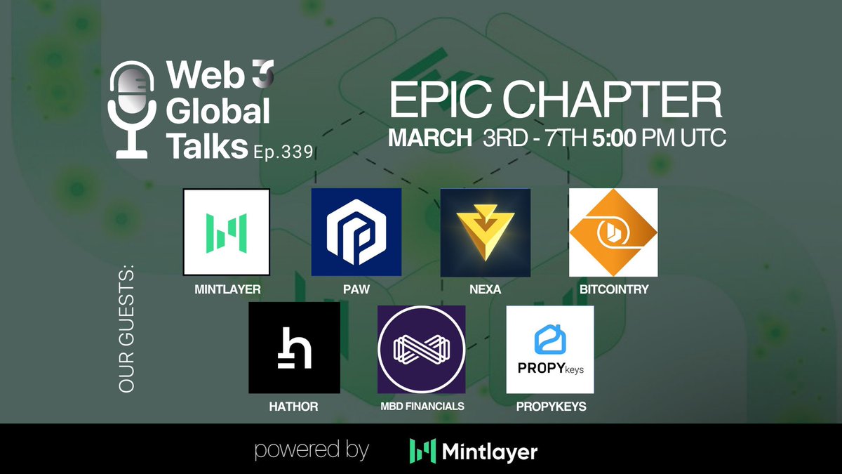 Web3 Global (@web3globalmedia) on Twitter photo đź“» #GM - Are you ready for Thursday's Web3 Global Talks?
🎙️ Our Guests:
<a href="/mintlayer/">Mintlayer</a>, <a href="/PawChain/">PAW</a>, <a href="/NexaMoney/">Nexa</a>, <a href="/Bitcointrycom/">Bitcointry</a>, <a href="/HathorNetwork/">Hathor Network</a>, <a href="/MBDFinancials/">MBD Financials</a>, <a href="/PropyKeys/">PropyKeys</a>
x.com/i/spaces/1lPJq… 📻 #GM - Are you ready for Thursday's Web3 Global Talks?
🎙️ Our Guests:
<a href="/mintlayer/">Mintlayer</a>, <a href="/PawChain/">PAW</a>, <a href="/NexaMoney/">Nexa</a>, <a href="/Bitcointrycom/">Bitcointry</a>, <a href="/HathorNetwork/">Hathor Network</a>, <a href="/MBDFinancials/">MBD Financials</a>, <a href="/PropyKeys/">PropyKeys</a>
x.com/i/spaces/1lPJq…
