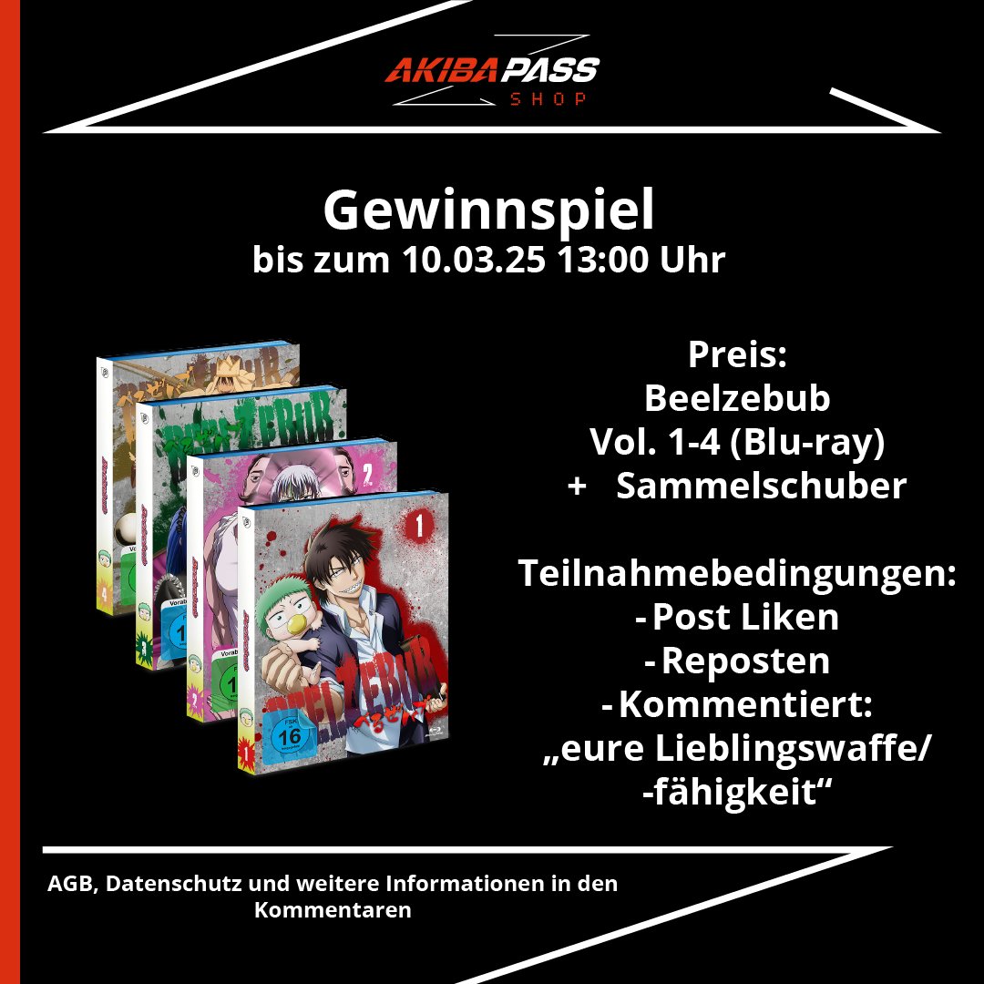 AKIBAPASS's tweet image. Wir verlosen unsere abgedrehte Actionkomödie Beelzebub! Verpasst nicht, wie Oga das Baby zum nächsten furchteinflößenden Herrscher erzieht.

Gewinnspielbedingungen und AGBs auf dem Bild und in den Kommentaren.