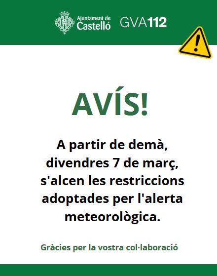 ⚠️Tras la reunión del #Cecopal, y valorada la previsión de #AEMET para mañana viernes que descarta riesgo meteorológico, se ha decidido levantar las restricciones adoptadas en Castellón y recuperar la normalidad desde mañana #viernes 7 de #marzo 👩‍🏫🎒