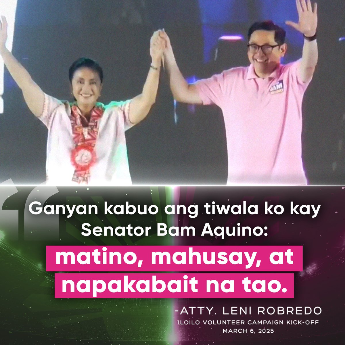 bamaquino's tweet photo. Atty. Leni Robredo: “Ganyan kabuo ang tiwala ko kay Senator Bam Aquino — matino, mahusay, at napakabait na tao.”

Maraming salamat, Atty. Leni, sa iyong tiwala at suporta! Hindi natatapos ang misyon natin para mai-angat ang buhay ng bawat pamilyang Pilipino. 

#5AquinoBam 
#BamAquinoSaSenado 🇵🇭