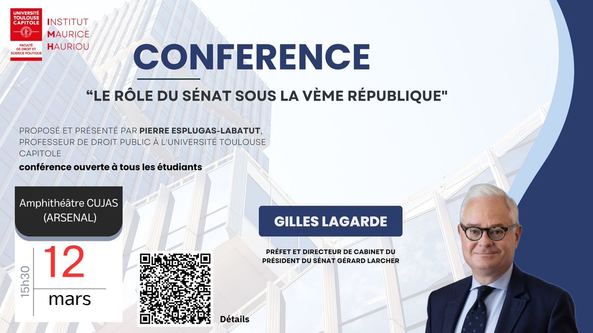 Pierre ESPLUGAS-LABATUT (@pierreesplugas) on Twitter photo Conférence <a href="/IMH_Hauriou/">IMH Institut Hauriou</a>, mercredi 12 mars 15h30 à Cujas, ouverte à tous les étudiants <a href="/UTCapitole/">Université Toulouse Capitole</a> <a href="/EcoleDroitTlse/">École de droit de Toulouse</a> de Gilles Lagarde, directeur de cabinet du président <a href="/Senat/">Sénat</a> <a href="/gerard_larcher/">Gérard Larcher</a> sur « Le rôle du Sénat sous la #VèmeRépublique » Conférence <a href="/IMH_Hauriou/">IMH Institut Hauriou</a>, mercredi 12 mars 15h30 à Cujas, ouverte à tous les étudiants <a href="/UTCapitole/">Université Toulouse Capitole</a> <a href="/EcoleDroitTlse/">École de droit de Toulouse</a> de Gilles Lagarde, directeur de cabinet du président <a href="/Senat/">Sénat</a> <a href="/gerard_larcher/">Gérard Larcher</a> sur « Le rôle du Sénat sous la #VèmeRépublique »