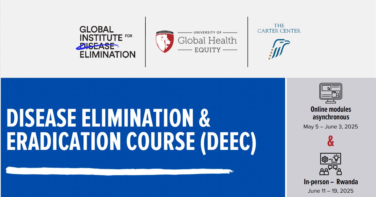 Global Institute for Disease Elimination (@glide_ae) on Twitter photo 📢 Applications OPEN! 📢
Apply now for the Disease Elimination & Eradication Course (#DEEC) & join us in Rwanda!
🔗 Know more: ow.ly/998I50VbFiT
Deadline: March 31, 2025
Don't miss this chance to deepen your expertise in disease elimination! <a href="/CarterCenter/">The Carter Center</a> <a href="/ughe_org/">University of Global Health Equity</a> 📢 Applications OPEN! 📢
Apply now for the Disease Elimination & Eradication Course (#DEEC) & join us in Rwanda!
🔗 Know more: ow.ly/998I50VbFiT
Deadline: March 31, 2025
Don't miss this chance to deepen your expertise in disease elimination! <a href="/CarterCenter/">The Carter Center</a> <a href="/ughe_org/">University of Global Health Equity</a>