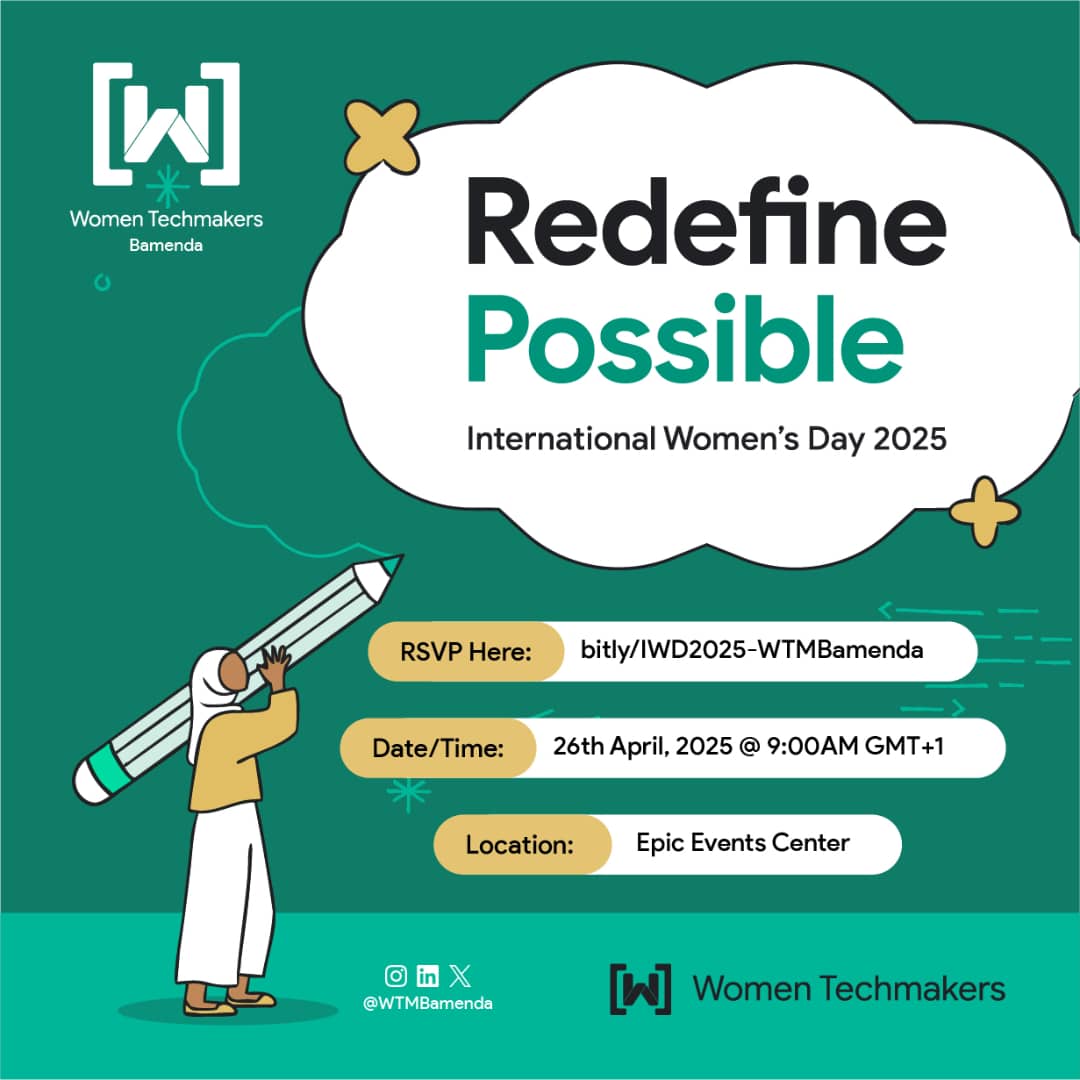 Join us on April 26th as we #RedefinePossible and shatter glass ceilings together! 

 Don’t miss your chance to be part of this transformative event—reserve your spot now! 

RSVP:bit.ly/IWD2025-WTMBam…

 #WTMIWD #WTMRefinePossible #IWD2025 #WTMBamenda