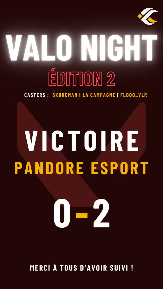 ClawsUnity's tweet photo. MERCI À VOUS TOUS 🔥
Cette deuxième édition de la #VALONIGHT était exceptionnelle ! 
Les stats parlent d'eux même 😱
Victoire 2-0 de @Pandore_esport ! 
GG à eux 💪
Merci aussi à @NicolasGaches pour l'interview et à @flooo_VLR pour le cast 🫶

À très vite pour l'édition 3 ! ⚔️ https://t.co/WedB88EL0U