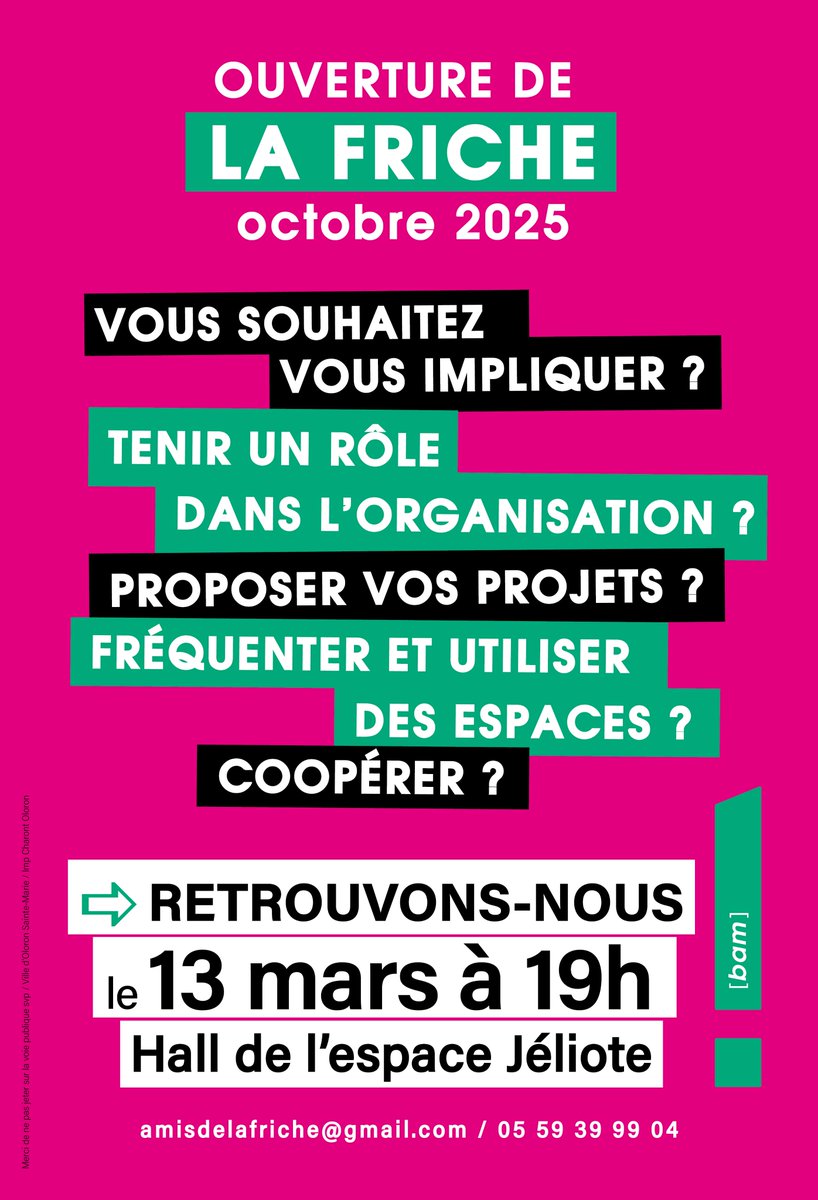 Rappel : Ouverture de LA FRICHE en octobre 2025 !
👉 Rdv le jeudi 13 mars 2025, à 19h
📍 Dans le hall de l'Espace Jéliote, Oloron Sainte-Marie !
Abonnez-vous à la Newsletter de la Friche ici : oloron-ste-marie.fr/la-friche-vous…
On répond à vos questions sur :
amisdelafriche@gmail.com
