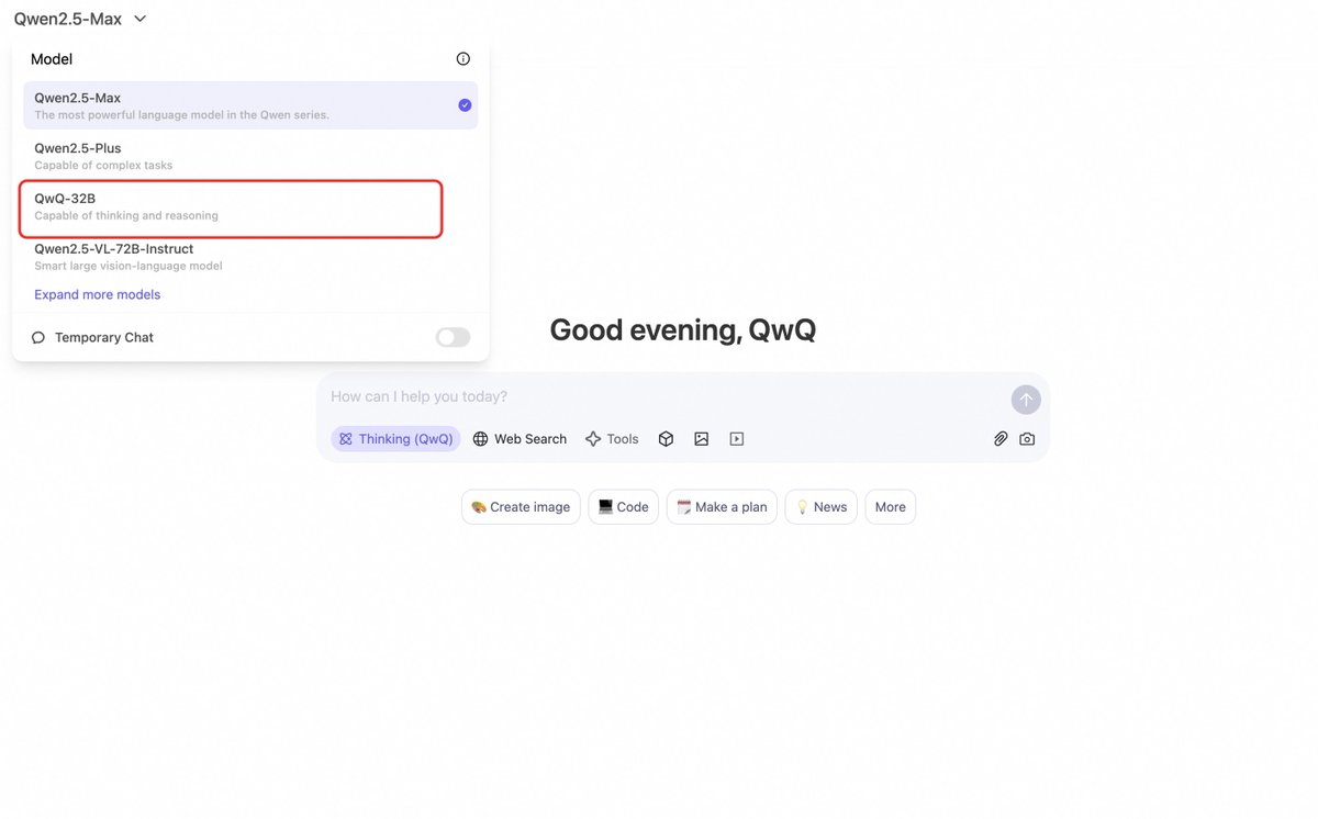 🥝 Yesterday we opensourced QwQ-32B, and we put the model on Qwen2.5-Plus + Thinking in Qwen Chat. Based on your feedback, we make a change and put QwQ-32B on the model list of Qwen Chat, and thus you can directly access it by choosing this model. Enjoy and feel free to give us